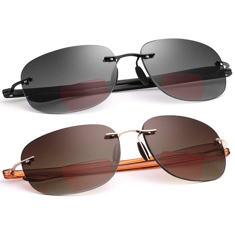 Unisex Rimless Bifocal Sun Readers Reading Glasses UV400 Protection Sport Sunglasses Blue Light Blocking Lightweight Eyewear for Men and Women Outdoor Driving Safety Eyeglasses Tinted Lens Shades
